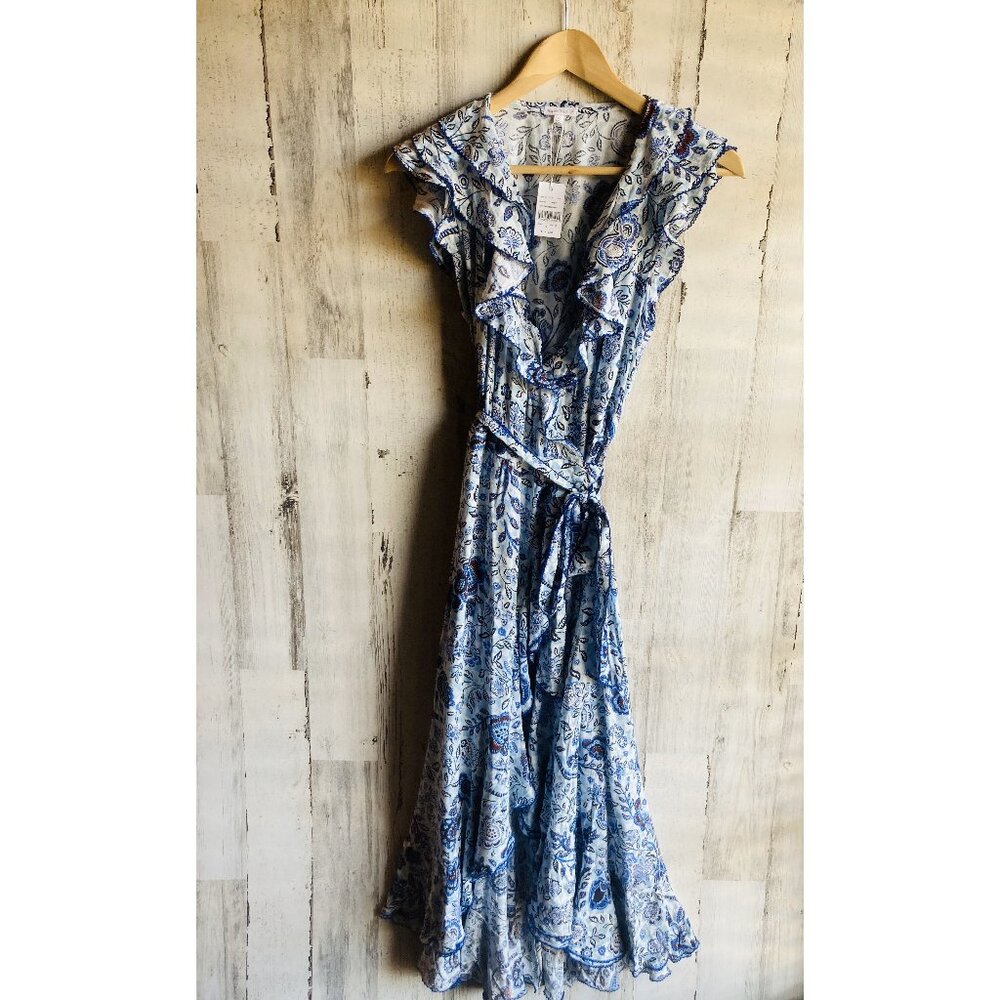 NWT Poupette St Barth Aude Maxi Midi Wrap Dress Belted Blue M